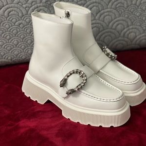 GUCCI CRYSTAL TIGER HEAD DIONYSUS WHITE PLATFORM ANKLE BOOTS EUR 37.5 (US 7.5)